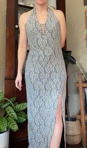 Vintage 90s Dave & Johnny Lace overlay bodycon formal halter dress  high slit