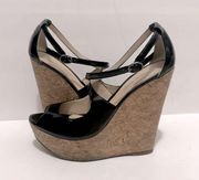 Alexandre Birman Black Patent Leather Strappy Platform Cork Wedge Sandal 8.5