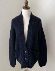 Elizabeth and James Blue Wool Blend Oversized 3 Button Cardigan with Pockets