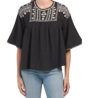 NWT MNG by Mango Black Embroidered Gauze Blouse Size Small