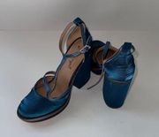 Free People Platform Pump Heels Wythe Boho Peacock Blue T Strap Satin 