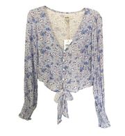 Rhythm Blue Floral Button Tie Front Long Sleeve Blouse Shirt Size Small