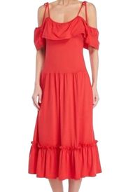 Red Cold Shoulder Ruffle Midi Dress Size Small
