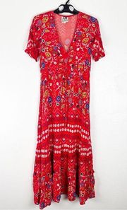 JAASE Red V-Neck Button Drawstring Waist Short Sleeves Boho Ruffle Maxi Dress