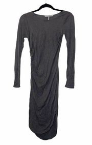 Dark Gray Ruched Fitted Long Sleeve Midi Dress