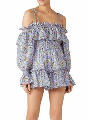 Lady lavender lilac floral print off-the-shoulder romper -8  Beautiful designer floral print purple and pink romper by , $395 retail. Gorgeous cotton silk blend ruffle off the shoulder summer spring romper in a size 8 (medium). Style is “Lady” and color is a blue purple periwinkle indigo shade.