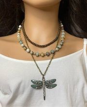 Dragonfly pendant chain Amazonite stone bead layered necklace artisan crafted