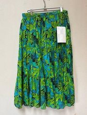 Jane Ashley Women’s Bright Green Blue Tiered Bohemian Tropical Midi Skirt Large