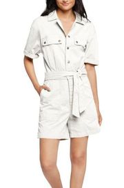 Avec Les Filles Belted Utility Cargo Denim Romper Gold Button Front White Size L