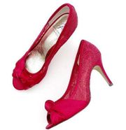 Adrianna Papell Ruby Red Satin and Lace Peep-toe Heel Dress Shoe Women’s Size 8