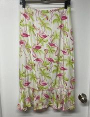 Usindo White Green Pink Flamingo Palm Maxi Skirt Womens Size Small Mermaid