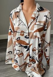 Rachel Zoe Beige Tunic Blouse Size M Button Up Long Sleeve Modern Shirt L5