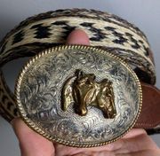 Ralph Lauren Polo belt horse heads large buckle silver plated woven medium