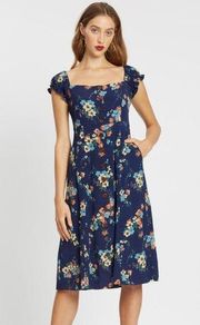 Navy Vibrant Floral Printed Revolve  Mae Midi Dress