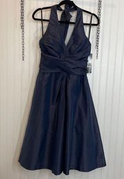 NWT Donna Ricco Blue Lined Silk Pleated Halter Midi Dress Size 8