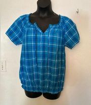 Fashion Bug blue plaid split vneck top