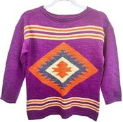 Chaps Aztec Sweater Purple Size M Crew Neck 3/4 Sleeve Pullover Southwestern