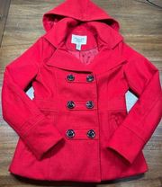 Hooded Peacoat Womens Size XS Red Black Buttons Removeable Hood