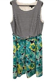 Madison Leigh Blue White Plus Size Striped and Floral Belted Stretchy Midi Dress