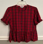 Women’s  Red Plaid Ruffle Peplum Baby Doll Top Size Small