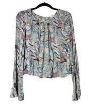 Melrose and Market Blue Floral Blouse Bell Sleeve Cropped Top Small Viscose boho