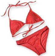 NWT Vince Camuto Crochet Triangle Bikini Red Sunset Two Piece Swimsuit Size XS