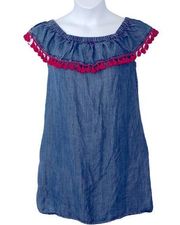 Saks Fifth Ave Off the Shoulder Chambray Tassel Trim Dress size Small