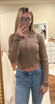 Brown Zip Up Cropped Sweater