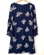 LUXOLOGY Blue Cream Embroidered Floral Long Bell Sleeve Boho Shift Dress Medium