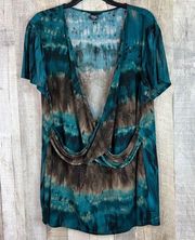 Apostrophe Size 26-28W Faux Wrap Deep V-Neck Short Cap Sleeves Tie Dye Top