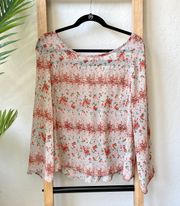 Floral Slightly Sheer Boho Long Sleeve Lace Up Back Top Blouse