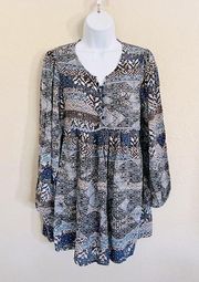 Jaase Tunic Top Blue Mixed Print Long Sleeves Women’s Large