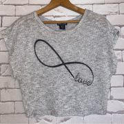 XS knitted crop top infinity sign love light grey shirt sleeves NWOT