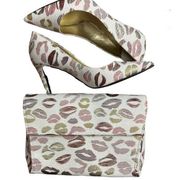 J. Renee Pink Red White XOXO Metalic Embroidered Heels & Crossbody Clutch Set