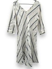 Soft Surroundings Off White & Blue Striped V Neck 3/4 Sleeve Dress Sz S 2BJ14