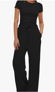 Amazon Black Ruched Side Top and Wide Leg Pant Lounge Set