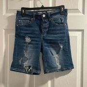 Indigo Rein Distressed Denim Mid Thigh Bermuda Jean Shorts