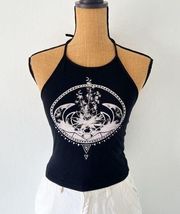 Popular Basics Black Moon Flowers Eye Halter Top Size Medium