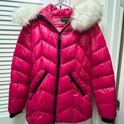 pink puffer jacket