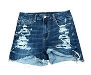 American Eagle Women’s  Distressed Curvy High Rise Shortie dark wash denim shorts