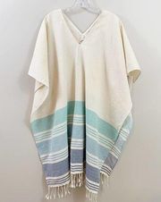 Tribe Alive Fringe Trim V-Neck Striped Cream/Blue Blanket Poncho