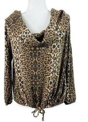 Relaxed Fit Long Sleeve Leopard Print Cowl Neck Sweater Drawstring Hem Large NWT