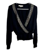 St John Separates V Neck Snap Sweater Womens Size Large Black Gold