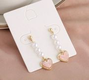 925 Silver Post Pink Heart Pearl Dangle Drop Earrings for Women