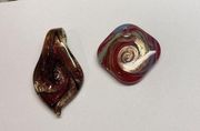 Lot Of 2 Costume Pendants / Charms Blown Art Glass Mix Red / Gold Swirls