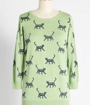 ModCloth Sweater Cat Cute Contrabution Pullover Green Medium