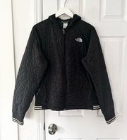 The North Face Black Quilted Swirl Hooded Varsity Stripe Bomber Jacket XL Women