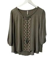 MITTOSHOP Embroidered Peasant Top Womens Size M Tassel 3/4 Sleeve Blouse Boho