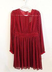 MICHAEL Michael Kors Dress Deep Red Long Sleeves Swiss Dot Lined Dress Sz 10 NWT