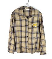 Neutral Tan Plaid Button Down Teddy Bear Embroidered Flannel Top